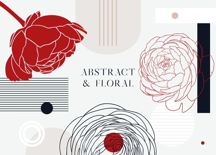 Collage style ranunculus vector illustration. Hand-sketched spring flowers. Trendy design with ranunculus, geometric shapes, and abstract elements. Floral print, poster, card, social media, wall art.